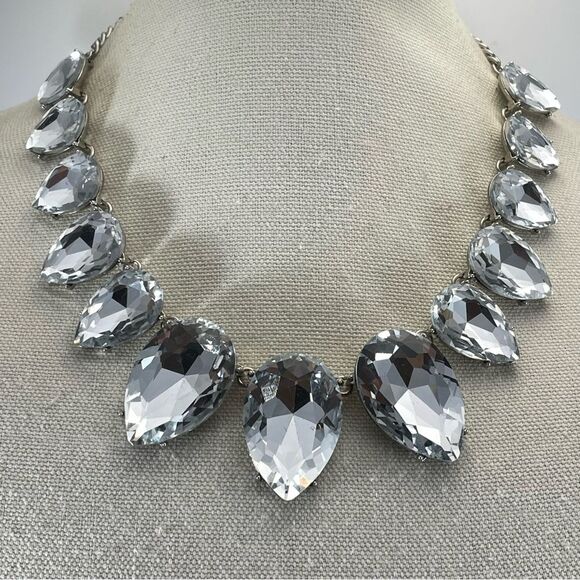 Chunky Huge Glass Tear Drop Rhinestones Silver Tone Necklace Statement Elegant - Picture 1 of 7